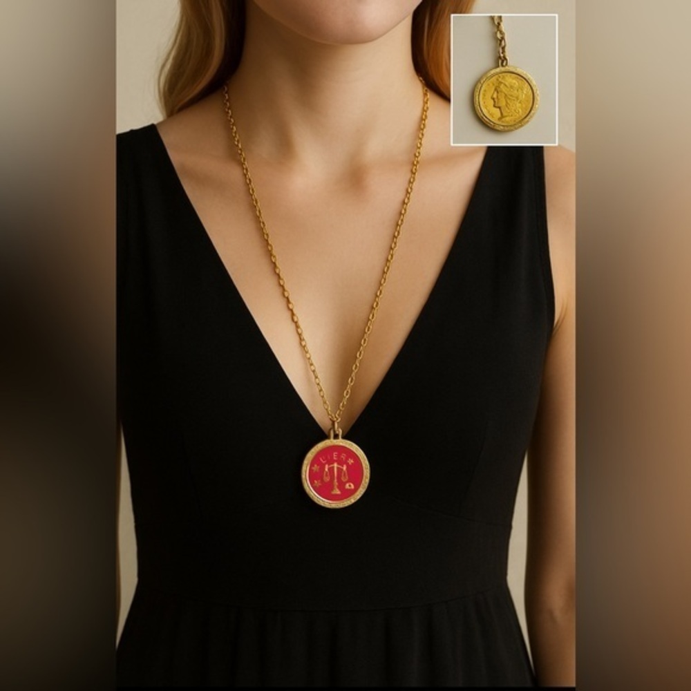 Astrological Libra ♎️ sign / coin 2 sided pendant necklace,gold tone,long chain